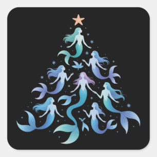 Christmas Mermaid Tree Girls Summer Holiday Xmas Square Sticker