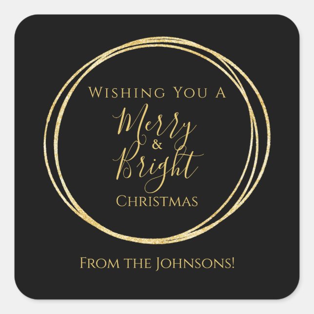 Christmas Merry and Bright Black Gold Family Square Sticker (Front)
