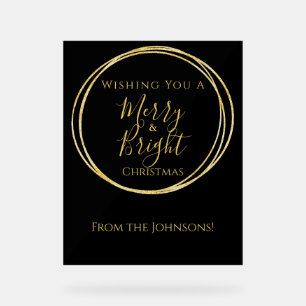 Christmas Merry and Bright Black Gold Party Acrylic Sign