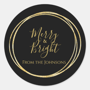 Christmas Merry and Bright Family Name Black Gold Classic Round Sticker