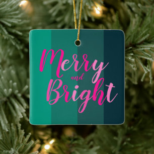 Christmas Merry and Bright Green Pink Ceramic Ornament
