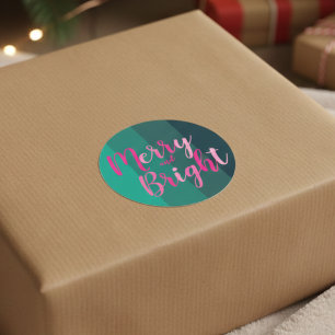 Christmas Merry and Bright Green Pink Classic Round Sticker