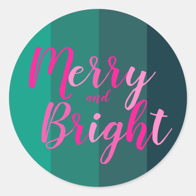Christmas Merry and Bright Green Pink Classic Round Sticker (Front)