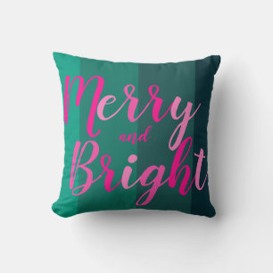 Christmas Merry and Bright Green Pink Cushion