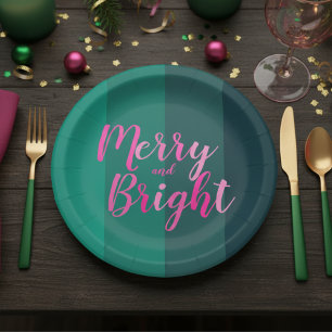 Christmas Merry and Bright Green Pink Party Paper Plate