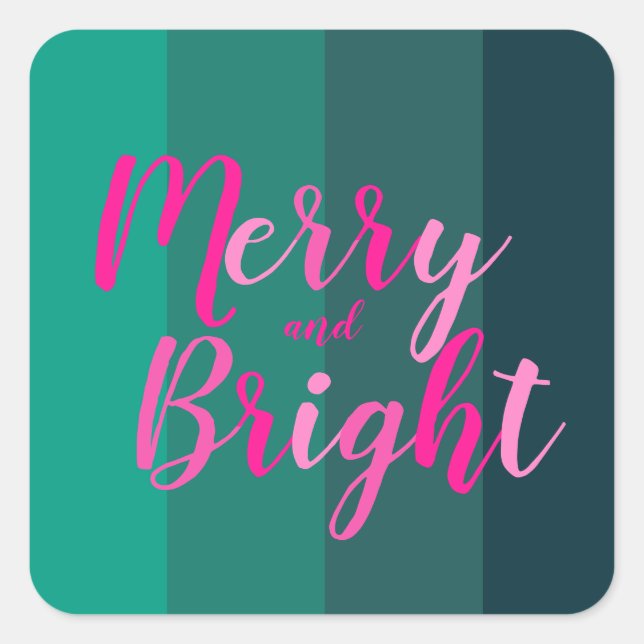 Christmas Merry and Bright Green Pink Square Sticker (Front)