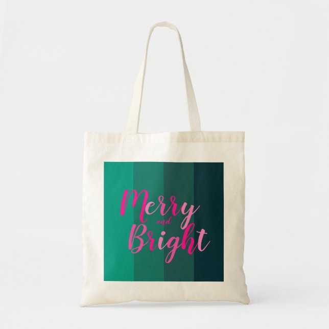 Christmas Merry and Bright Green Pink Tote Bag (Front)