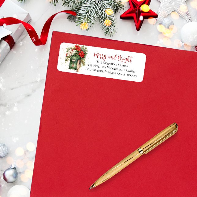 Christmas Merry and Bright Mailbox Floral Monogram (Elegant Christmas "Merry and Bright" Mailbox Poinsettia Floral Return Address Label)