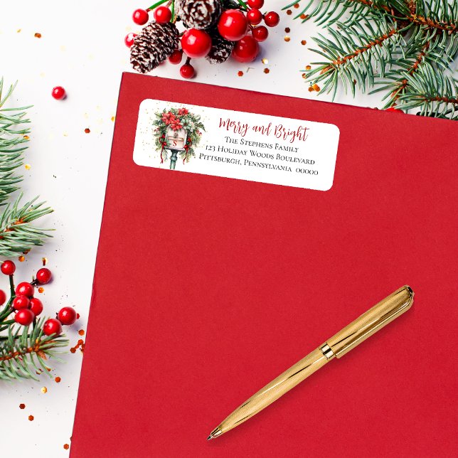 Christmas Merry and Bright Mailbox Floral Monogram (Elegant Christmas "Merry and Bright" Mailbox Poinsettia Floral Return Address Label)