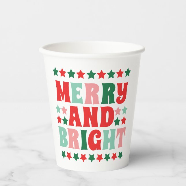 Christmas Merry and Bright Modern Bold Pink Red Paper Cups (Front)