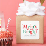 christmas merry and bright pink red gift square sticker<br><div class="desc">boho modern font Merry and Bright christmas gift sticker.</div>