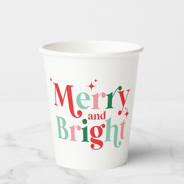 christmas merry and bright pink red modern font paper cups (Front)