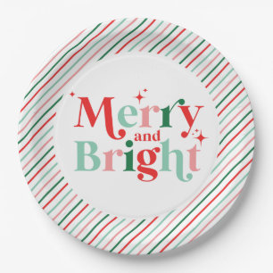 christmas merry and bright pink red modern font paper plate