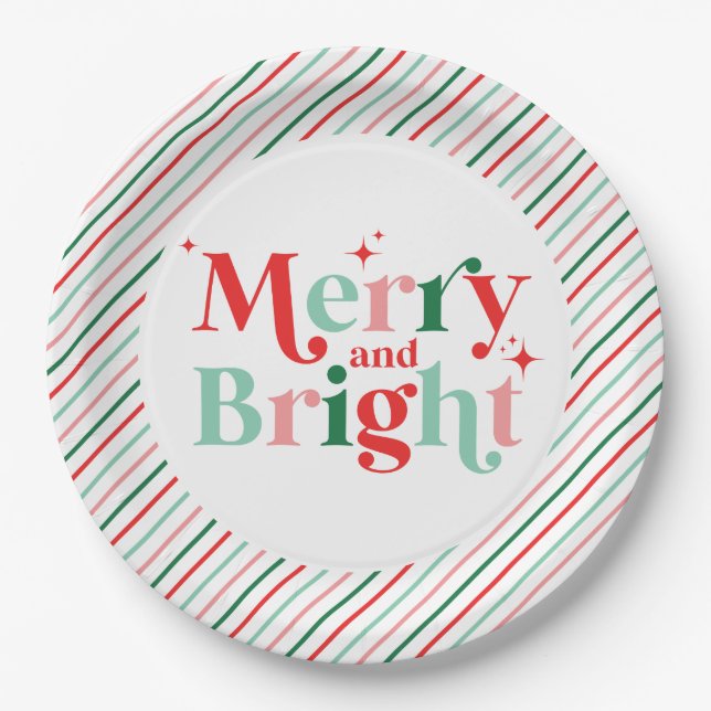 christmas merry and bright pink red modern font paper plate (Front)