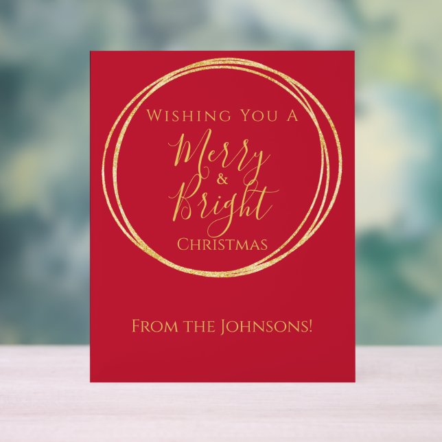 Christmas Merry and Bright Red Gold Party Acrylic Sign (Neutral)
