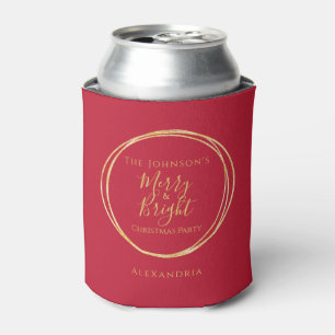 Christmas Merry and Bright Red Gold Personalised Can Cooler