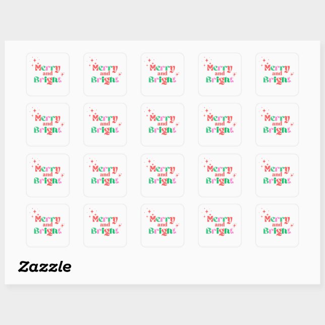 Christmas merry and bright red green modern font square sticker (Sheet)