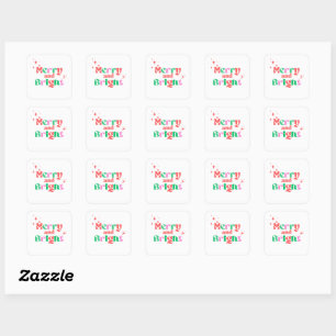 Christmas merry and bright red green modern font square sticker