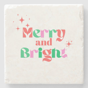 Christmas merry and bright red green modern font stone coaster