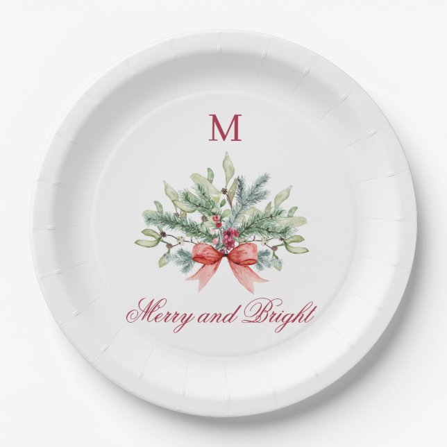 Christmas Merry and Bright Red Monogram Greenery Paper Plate (Front)