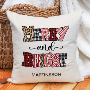 Christmas Merry Bright Candy Cane Plaid Name Cushion