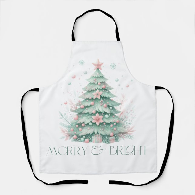 Christmas Merry & Bright Christmas Tree Mint Pink Apron (Front)