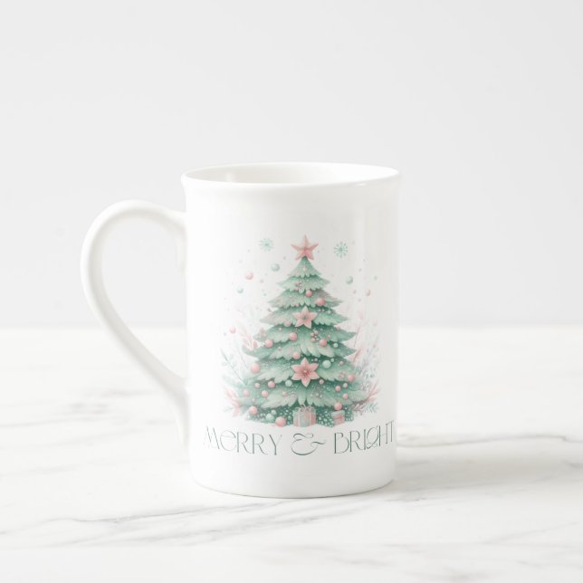 Christmas Merry & Bright Christmas Tree Mint Pink Bone China Mug (Left)