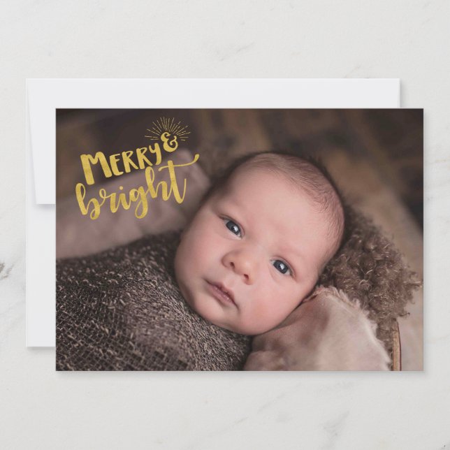 Christmas Merry Bright Gold Foil Typography Photo Holiday Card (Front)