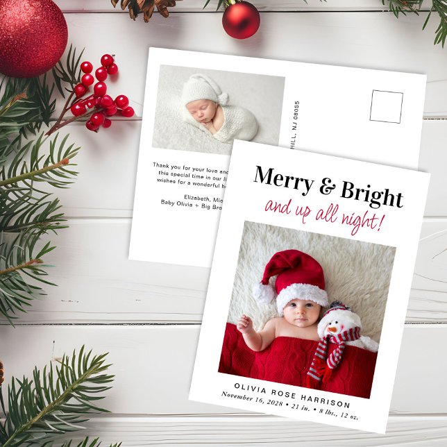 Christmas Merry Bright Photo Holiday Birth Announcement Postcard (Creator Uploaded)