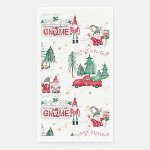 Christmas Merry Bright Red Gnomes Forest Gold Star Napkin