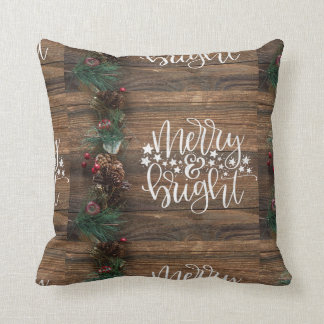 Christmas Merry Bright Rustic Country Faux Wood Cushion