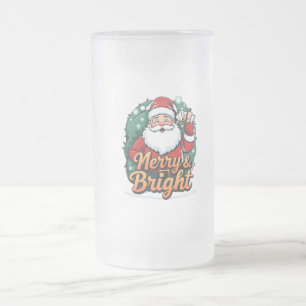 Christmas – “Merry & Bright Santa” Frosted Glass Beer Mug