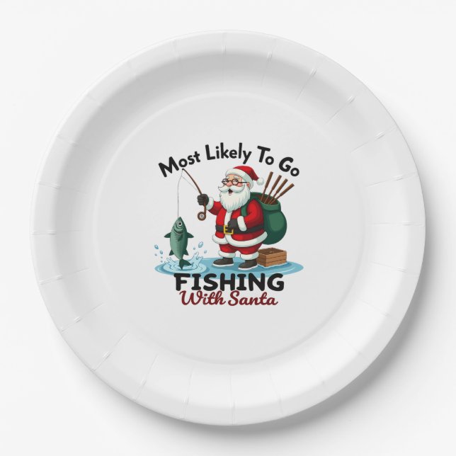 Christmas Merry Christmas For Gift Fishing Santa ( Paper Plate (Front)