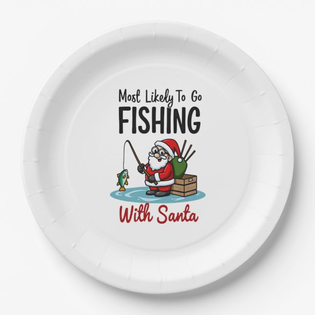 Christmas Merry Christmas For Gift Fishing Santa ( Paper Plate (Front)