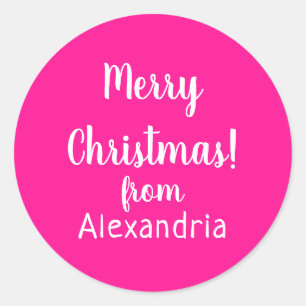 Christmas Merry Christmas from Name Hot Pink Classic Round Sticker
