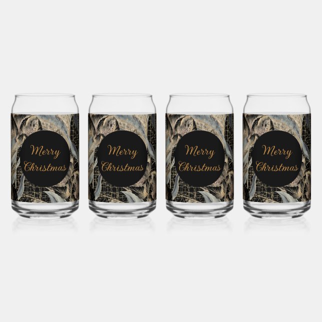 Christmas, Merry Christmas,Gold Blue Flowers Art  Can Glass (Front)