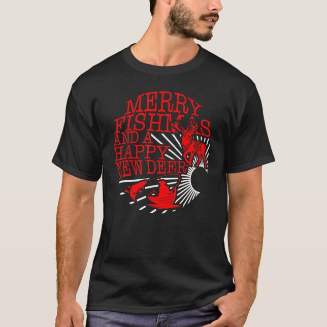 Christmas Merry Fishmas Happy New Deer Fisherman H T-Shirt (Front)