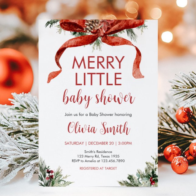 Christmas Merry Little Baby Shower  Invitation (Red Bow Merry Little Christmas Baby Shower Invitation)