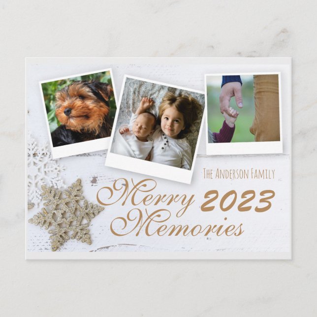 Christmas Merry Memories Rustic Snowflake & Photos Holiday Postcard (Front)