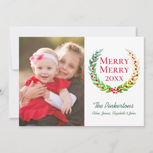 Christmas Merry Merry Laurel Wreath Family Photo Holiday Card (Front)