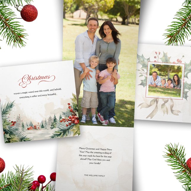 Christmas Message Watercolor Winter Scene  Tri-Fold Holiday Card (Creator Uploaded)