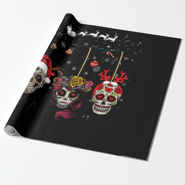 Christmas Mexican Flower Sugar Skull In Snow Xmas Wrapping Paper (Unrolled)