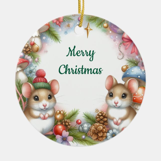 Christmas Mice and Mushrooms Whimsical  Ceramic Tree Decoration (Front)