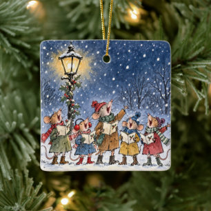 Christmas Mice Caroling In Snowflakes Ceramic Ornament