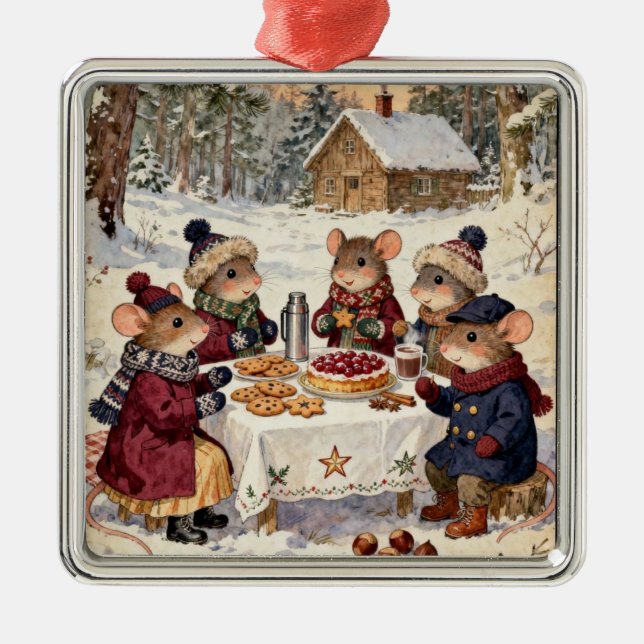 Christmas Mice Family  Metal Tree Decoration (Front)
