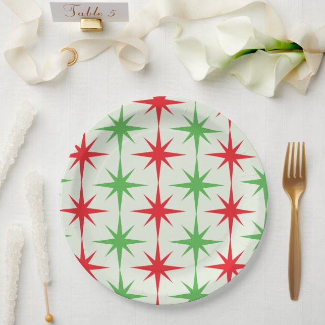 Christmas Mid Century Red Green Atomic Starbursts  Paper Plate (Wedding)