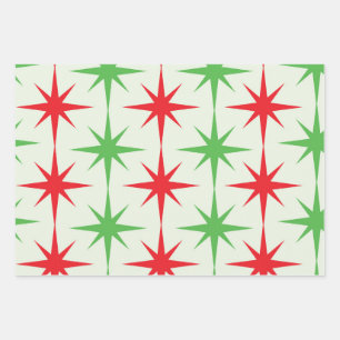 Christmas Mid Century Red Green Atomic Starbursts  Wrapping Paper Sheet