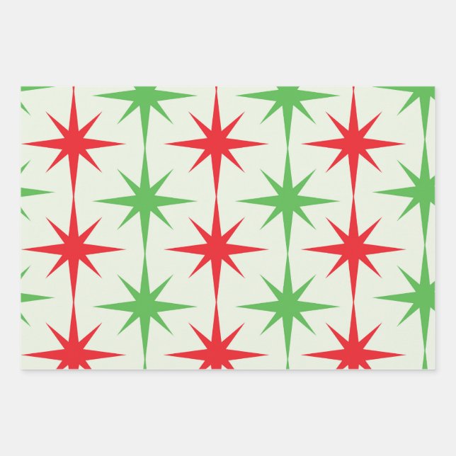 Christmas Mid Century Red Green Atomic Starbursts  Wrapping Paper Sheet (Front)