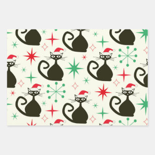 Christmas Mid Century Retro Atomic Cats Wrapping Paper Sheet