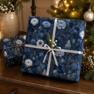 Christmas Midnight Blue and White Winter Gift Wrapping Paper Sheet
